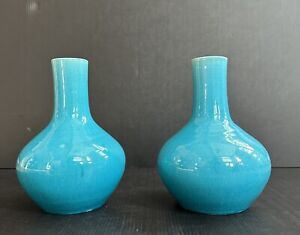 Pair Antique Vtg Chinese Monochrome Turquoise Glazed Bottle Vases