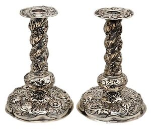 Antique Pair Of Solid Sterling Silver Ornate Pedestal Candlesticks