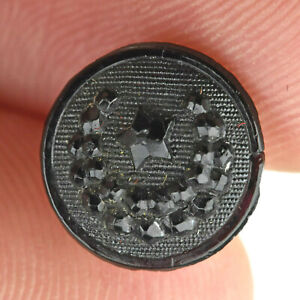 Vintage Antique Black Glass Sewing Button Laurel Wreath With Star Symbol 7 16 