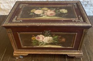 Antique Wooden Trunk Original Hand Oil Painted Bed Of Flowers