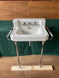 Vtg Mid Century Deco White Bath Sink Chrome Legs Towel Bars Old Standard 131 24e