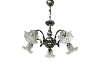 Flemish Style Chandelier 5 Arm Lights Pewter Country Barn Style Tulip Shades