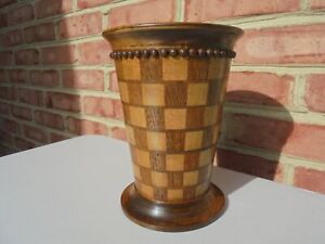 Fine Antique Vintage Wood Marquetry Vase 7 7 16 Beaded Trim