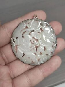 Chinese Antique Hotan Jade Carving Inlaid White Copper Necklace Pendant