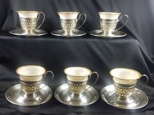 6 Sets Gorham Sterling Silver Lenox Porcelain Demitasse Cups Saucers Evc