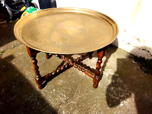 Antique Middle Eastern Folding Table Barley Twist Base Engraved Brass Tray Top