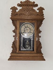 June 8 1885 Ansonia Ornate Oak Wood Mantel Clock 25 5x14 25 Works Excellent
