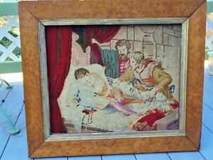 Antique Religious Sickbed Scene Wool Needlepoint Petit Point Tapestry Framed Lg