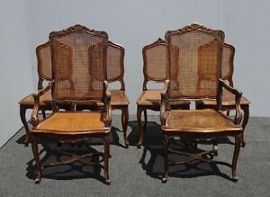 Set Six Spanish French Style Cane Dining Throne Chairs Scs W Embossed Leather