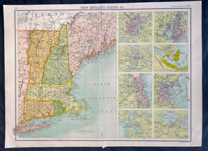 1890 John Bartholomew Large Antique Map Of New England United States Of America