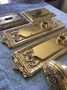Antique Vintage Victorian Brass Door Knobs Hardware Plates 