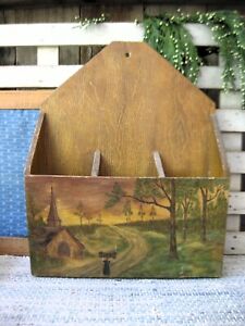 Early Antique Wood Wall Pocket Grain Painted With Church Landscape