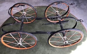 Set Of 4 Antique Wagon Carriage 10 Wheels With Iron Frame Axels 14 Long Axels