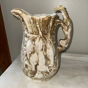 Large Pottery Water Pitcher With Greyhound Whippet Handle Game Hanging Around