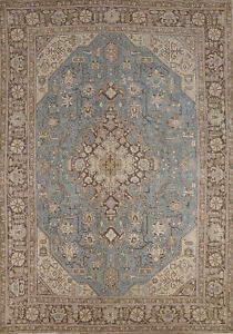 Over Dyed Light Blue Geometric Tebriz Area Rug 7x9 Wool Hand Knotted Carpet