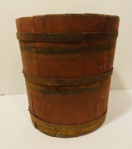 Antique Primitive Large Red Staved Wood Sap Bucket W Metal Bands Handle