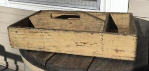 Antique Prim Old Worn Yellow Paint Cutout Handled Box Tray Old Lined Newspaper