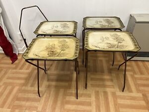 Vintage Folding Table Set 4 W Carrier Mid Century Modern Tv Tray Metal Stand Lot