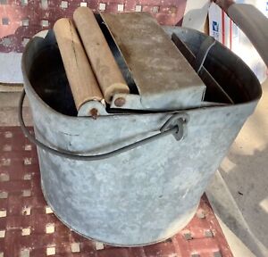Vintage Galvanized Tin Metal Wash Bucket Metal Mop Wringer Wood Rollers De Luxe