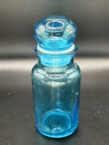 Vintage Blue Apothecary Glass Jar Bottle Container Made In Taiwan 5 Bubble Lid