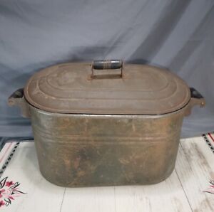 Antique Vtg Copper Boiler Wash Tub Ham Cooker W Lid Wood Handles 24 X13 X13 