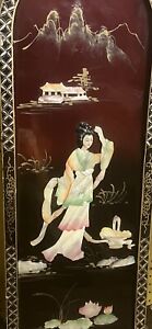 Antique Chinese Mother Of Pearl Black Lacquer 2 Panels Wall Decor
