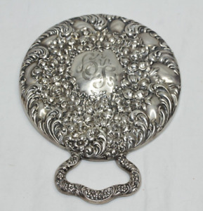 Antique Unger Brothers Mens Shaving Mirror Sterling Repousse Floral 925 Silver