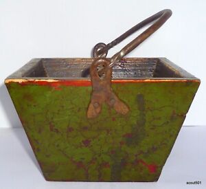 Vintage Tapered Primitive Wood Weathered Green Metal Handle Bucket Container