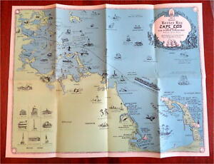 Boston Bay Cape Cod C 1940 S Cartoon Pictorial Folding Map Shipwrecks