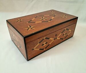 Vintage Hardwood Fitted Trinket Box Inlaid With Star Lozenge Parquetry 
