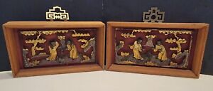 Antique Chinese Sculpted 2 Wood Relief Panels Gilt Red Painted Figures