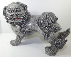 Vintage Sideways Pose Foo Fu Fuu Dog Lion Speckled Gray Ceramic Garden Decor