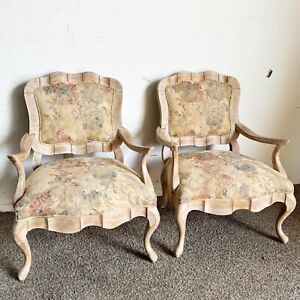 French Provincial White Washed Floral Print Lounge Chairs By Century Furniture