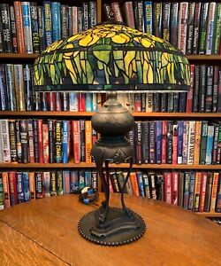 Antique Tiffany Reproduction Yellow Tulip Lamp With Apron Tripod Oil Bronze Base