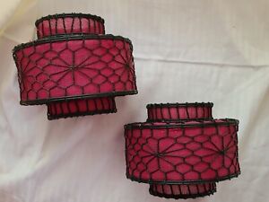 2 Antique 19th Century Chinese Wire Lanterns Round Hand Wrought Red Mesh 4 