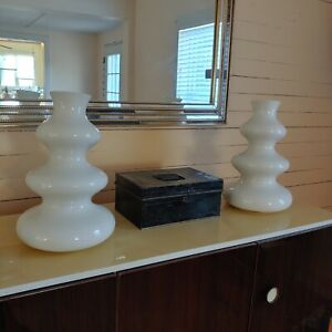 2 Mid Century Modern Architectural Pottery Vases Lamp Bases White Curvy Awesome