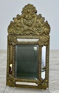 Antique French Cushion Brass Wood Repousse Beveled Glass Mirror Wedding J