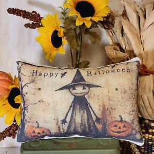Primitive Farmhouse Happy Halloween Witch N Pumpkins Tuck Pillow Shelf Sitter