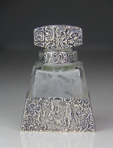 Antique German Hanau Continental Silver Mounted Etched Glass Perfume Bottle