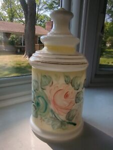 Vintage White Bristol Glass Hand Painted Floral Apothecary Candy Cookie Jar