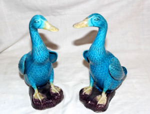 2 Antique Chinese Export Turquoise Mud Duck Figurines Porcelain Polychrome 6 5