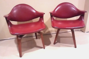 Vtg 50s Mcm Pair Of Thonet Vinyl Bent Wood Swivel Occasional Side Chairs 29 H