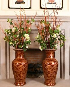 Pair Of Decorative Porcelain Urns Red With Gilt Accents 30 Tall