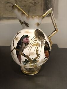 Royal Bonn Franz Anton Mehlem Aesthetic Movement Jug Vase Lovely Bird Sun Gilt