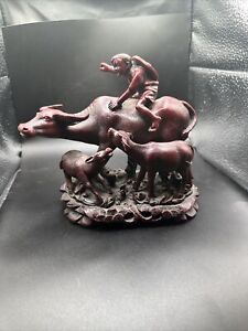 Vintage Chinese Carved Wood Resin Statue Ox Water Buffalo Man Boy Made In Chin
