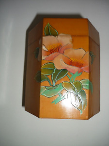 Vintage Bamboo Box Tea Caddy Flowers Small Canister Engraved Trinket Storage