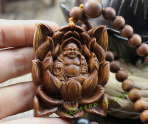 Wood Carved Buddhism Beads Lotus Happy Buddha Statue Sculpture Amulet W180