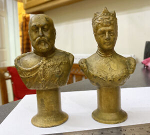 Antique King Edward Vii Queen Alexandra Pedestal Bust Statue Bronze Metal Royal