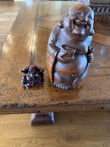 Two Wooden Smiling Buddha Statue Charming Small One Is Resin