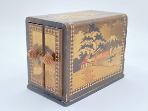 Antique Japanese Hakone Yosegi Parquetry Inlay Scenic Jewelry Box Card Box